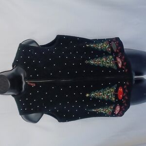 Christmas Vest Black w/Corduroy Trees & Embroidered Accents Sz L, 20"PTP, 21" L
